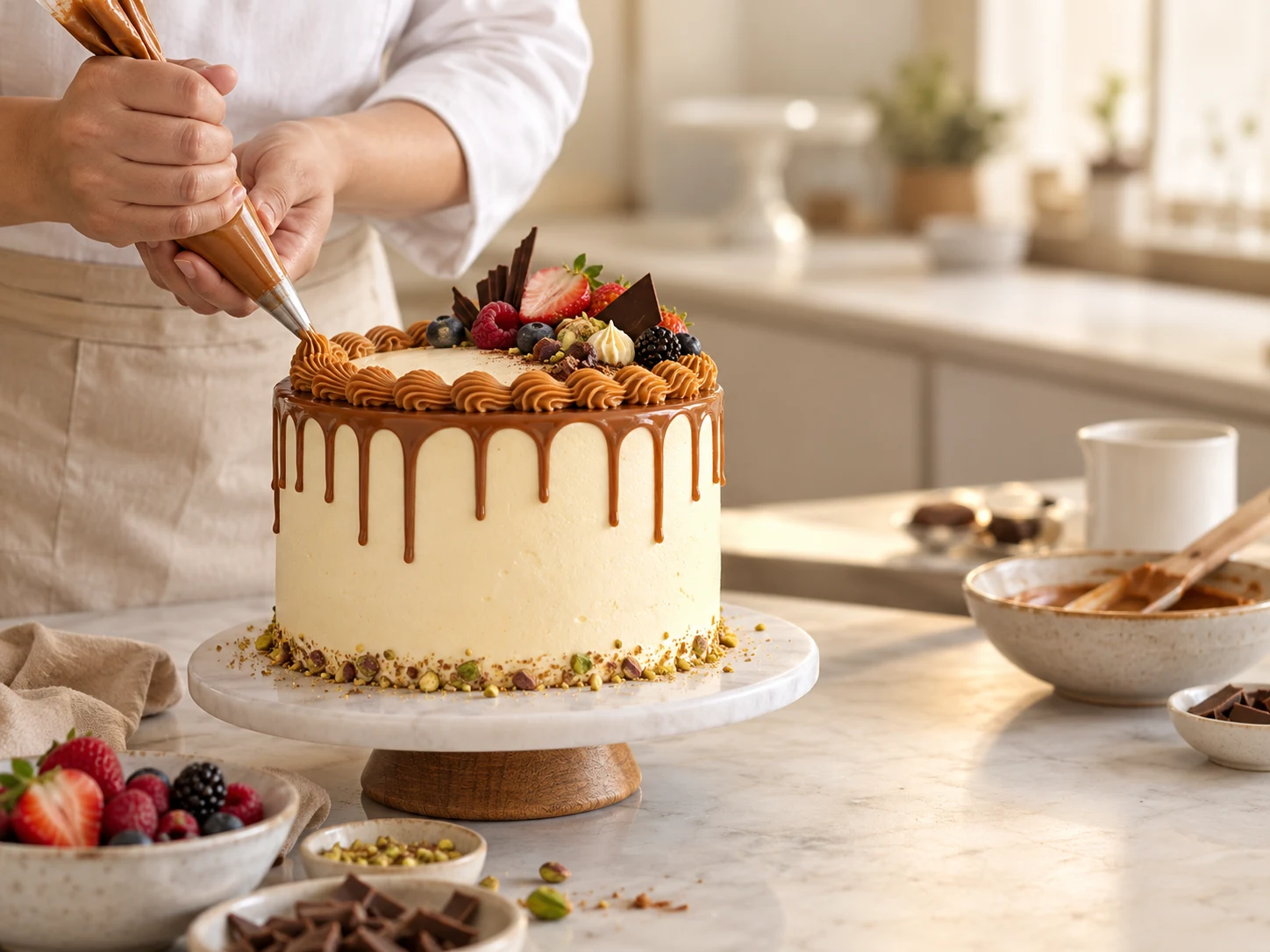 Baker finishing a bespoke celebration cake with caramel-coloured piping