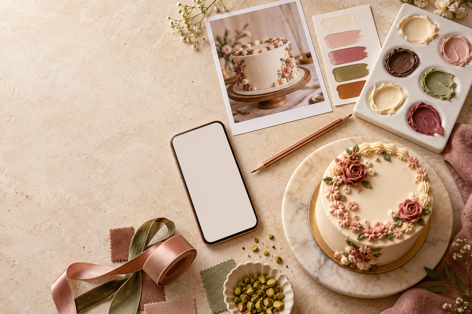 Cake colours, design references and a celebration cake being planned for an order